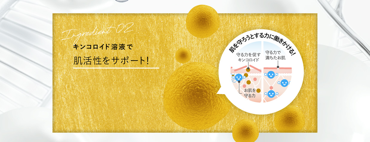 Ingredient02　キンコロイド溶液で肌活性をサポート！　肌を守ろうとする力に働きかける！　守る力を促すキンコロイド　お肌を守る力　守る力で満ちたお肌