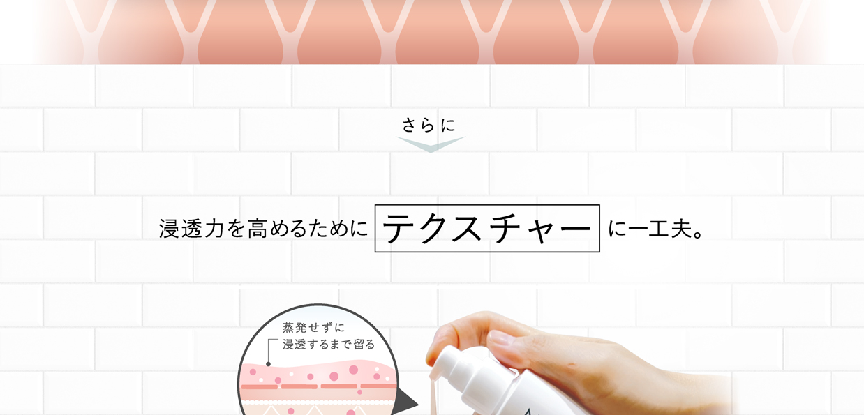 さらに　浸透力を高めるためにテクスチャーに一工夫。　蒸発せずに浸透するまで留る